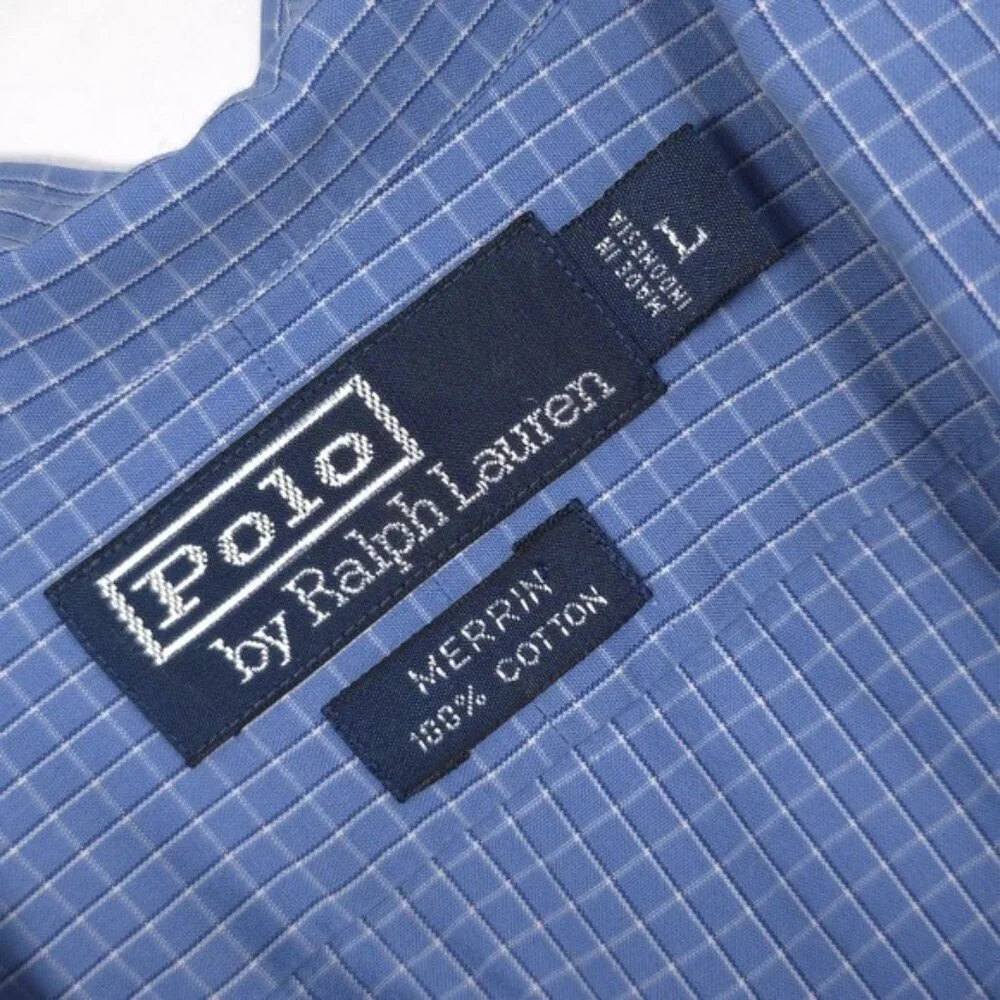 POLO RALPH LAUREN MERRIN Men's‎ Shirt LARGE Cotton Blue Plaid Long Sleeve